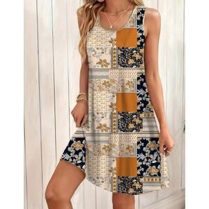 LUNE Vintage & Fresh Flower Printed Casual Dress Yellow Sz M